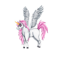 Naklejka na ściany i meble Watercolor unicorn - pegasus with horn and wings