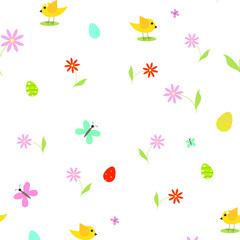Pattern . Children's. Happy Easter. Flowers, eggs, chickens, butterflies. pattern with butterflies