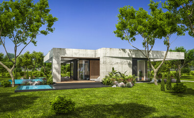 Fototapeta na wymiar 3d rendering of new concrete house in modern style with pool and parking for sale or rent and beautiful landscaping on background. The house has only one floor. Summer sunny day with clear blue sky.