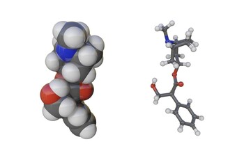 Molecular models of atropine. Atoms are shown as spheres with color coding: carbon (grey), oxygen (red), hydrogen (white), nitrogen (blue). 3d illustration