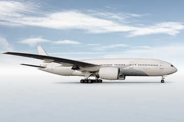 Fototapeta na wymiar White wide body passenger airplane isolated on bright background with sky