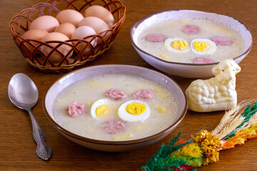 White borscht with sausage and egg. Traditional Polish dish for Easter