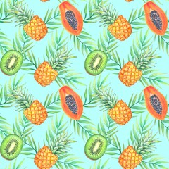 Seamless pattern with tropical leaves and fruits