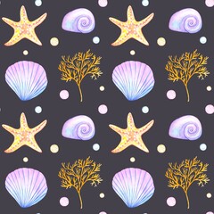 Watercolor sea seamless pattern with seashells, starfish, algae