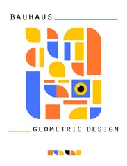 Bauhaus style flye. Journal magazine album cover with abstract geometric 2d shapes and eye. Banner template with set of simple colorful forms. Vector card illustration on white background.