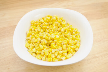 A Side Dish of Sweet Yellow Corn in a White Bowl	