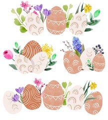 Set of easter boho eggs on an isolated white background, floral design, watercolor clipart. Easter spring collection. Hand drawn set Happy holiday illustration