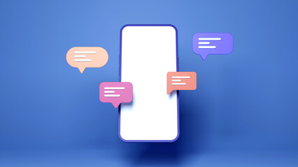3d cartoon smartphone, with bubble chat, mobile phone mockup, 3d render illustration.