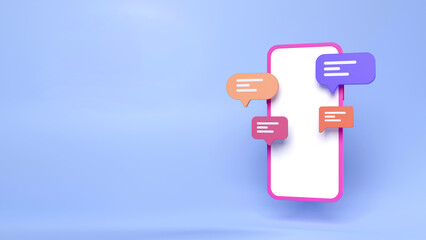 3d cartoon smartphone, with bubble chat, mobile phone mockup, 3d render illustration.