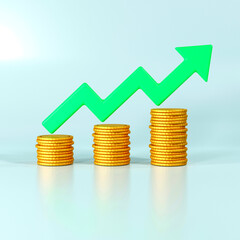 3d illustration gold coin stacks growing graph, on blue background, growing financial, business investment and saving money concept, 3d render illustration