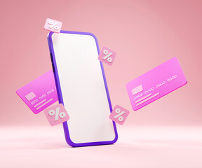 3D rendering payment via credit card discount and promotion concept. Secure online payment transaction with smartphone. Internet banking via credit card on mobile. geometric object floating background