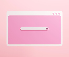 minimal blank search bar on pink background. web search concept. Search bar webpage on pink background. Hand typing for searching on web search concept. 3d rendering