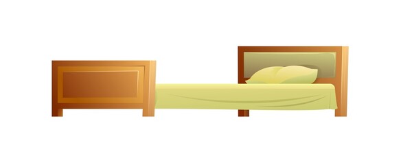 Beauty modern bed with mattress and pillow. Side view. Cool design. Cartoon style. Object isolated on white background. Vector