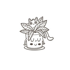 Сard with cute cat and flower in pot. Doodle vector kitten print. Cartoon character poster.