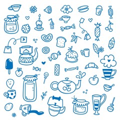 Vector coffee set. Doodle cafe collection. Cute print things food, drinks and utensils.