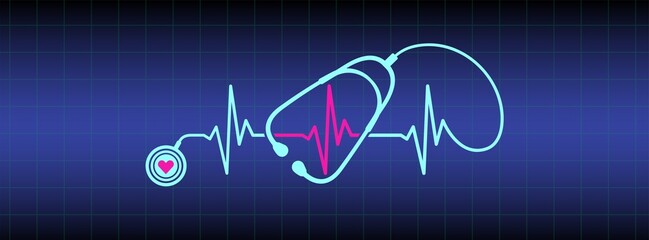 Abstract stethoscope design, pink heart, ekg line illustration background. Healthcare background to use in health industry, cardiology, medical care, hospital, health science projects. 