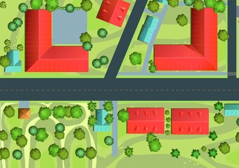 Asphalt path with markings. Streets of city. Top View from above. Small town house and road. Map with roads, trees and buildings. Modern car. Cartoon cute style illustration. Vector