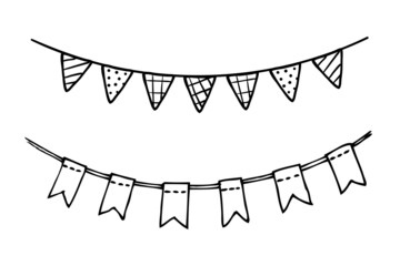 Doodle party bunting flags set for decoration. Black line sketch garlands. Hand drawn vector illustration. Doodle party drawing. Celebration bunting