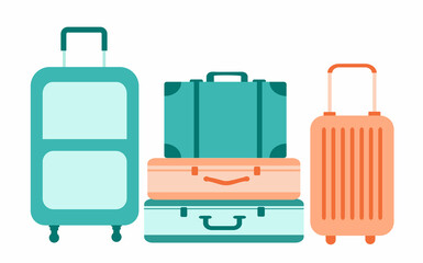 Set of suitcases for travel and vacation. Colorful color illustration isolated on white background.