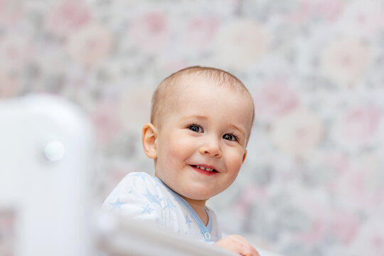 Portrait Of Cheerful Child Having Fun And Laughing Spending Time In His Crib, Baby Boy Dont Want To Sleep