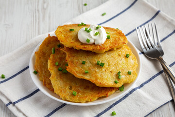 Homemade Boxty Irish Potato Pancakes on a Plate, side view.