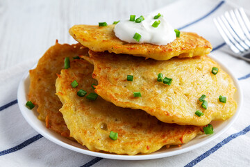 Homemade Boxty Irish Potato Pancakes on a Plate, side view.