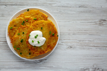 Homemade Boxty Irish Potato Pancakes on a Plate, top view. Flat lay, overhead, from above. Space for text.