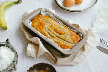 Banana bread and ingredients.