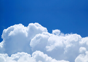 Beautiful Fluffy White Cumulus Clouds Floating on Vivid Blue Sunny Sky