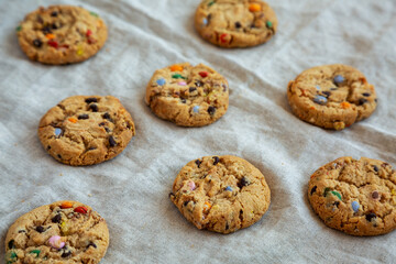 Homemade Chocolate Chip Candy Cookies, side view.