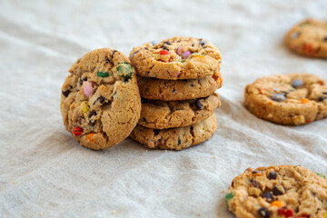Homemade Chocolate Chip Candy Cookies, low angle view.