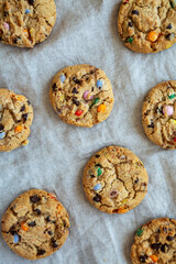 Homemade Chocolate Chip Candy Cookies, top view. Flat lay, overhead, from above.