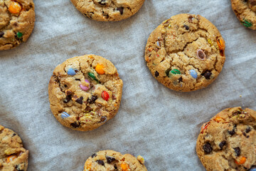 Homemade Chocolate Chip Candy Cookies, top view. Flat lay, overhead, from above.