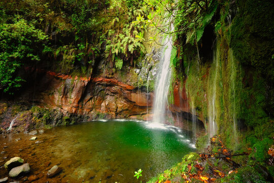 waterfall at Rabacal into green lake