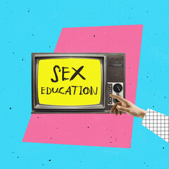 Contemporary art collage. Retro TV set giving translation about sexual education isolated over pink...