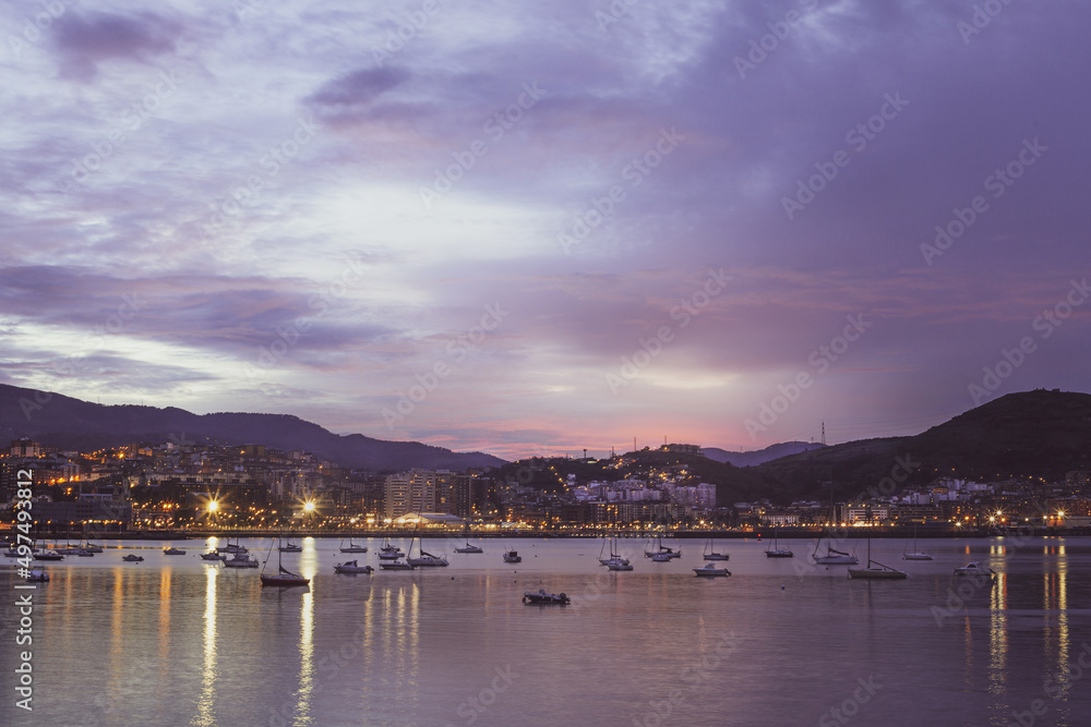 Canvas Prints getxo port at night with yacht and sailboats