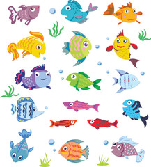 Fish, marine life pattern, set, color, various poses and situations, drawing, vector, images, cartoon