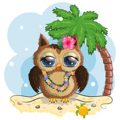 Owl cute cartoon character in holiday concept. In a hat, in a cap, in hula colors, a dancer in Hawaii