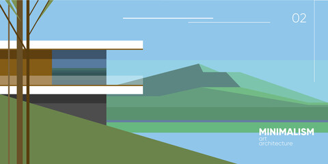 Minimalism architecture art. Modern scandinavian house on the hill. Scandinavian landscape. Vector illustration.