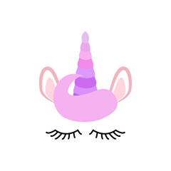 Fabulous cute unicorn with golden gilded horn and closed eyes.