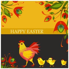 Isolated vector illustration with cute hen and three little chickens with red flowers around
