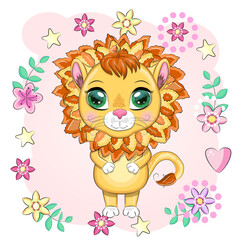 Cartoon lion with expressive eyes. Wild animals, character, childish cute style.