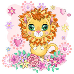 Fototapeta premium Cartoon lion with expressive eyes. Wild animals, character, childish cute style.