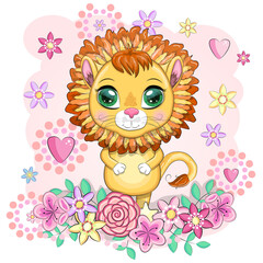 Cartoon lion with expressive eyes. Wild animals, character, childish cute style.