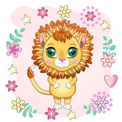 Cartoon lion with expressive eyes. Wild animals, character, childish cute style.