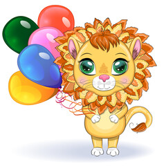 Cartoon lion with expressive eyes. Wild animals, character, childish cute style.