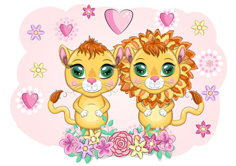 Obraz na płótnie Canvas baby shower invitation for boy and girl.Blue and pink chevron background with Cute cartoon lion and lioness with big eyes in a bright style of children.