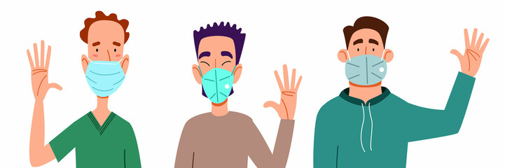 Fashionable men in medical masks say hello. A set of flat vector illustrations with a gesture of greeting people.