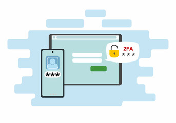 Two-factor authentication security. Notification of login confirmation with a message in an envelope with a password code. Lock icons in the tablet account. Vector illustration in a flat style