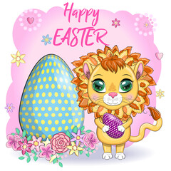 Cartoon lion with Easter egg. Character with beautiful eyes, childish. Easter holiday, greeting card